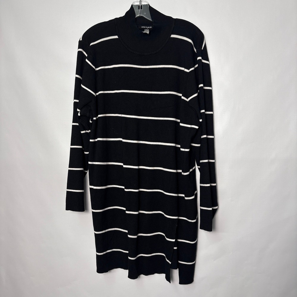 Cable & Gauge Black White Striped Mock Neck Sweater Dress 2X Long Sleeve Slit